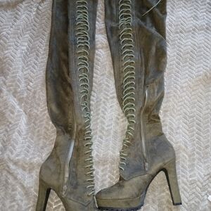 Shoe Dazzle Olive Green Lace-Up Over-the-Knee Boots